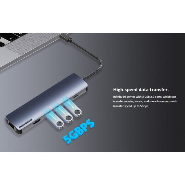 ROCKROSE docking station & hub Infinity 08, USB-C, 8-ports ROCKROSE docking station & hub Infinity 08, USB-C, 8-ports