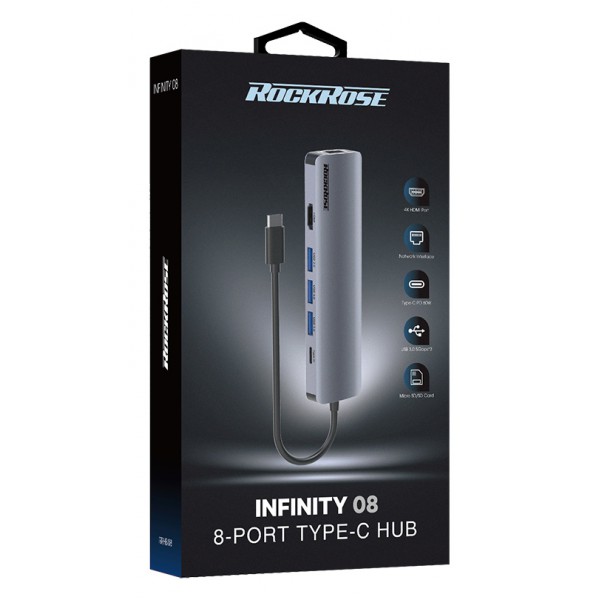 ROCKROSE docking station & hub Infinity 08, USB-C, 8-ports ROCKROSE docking station & hub Infinity 08, USB-C, 8-ports