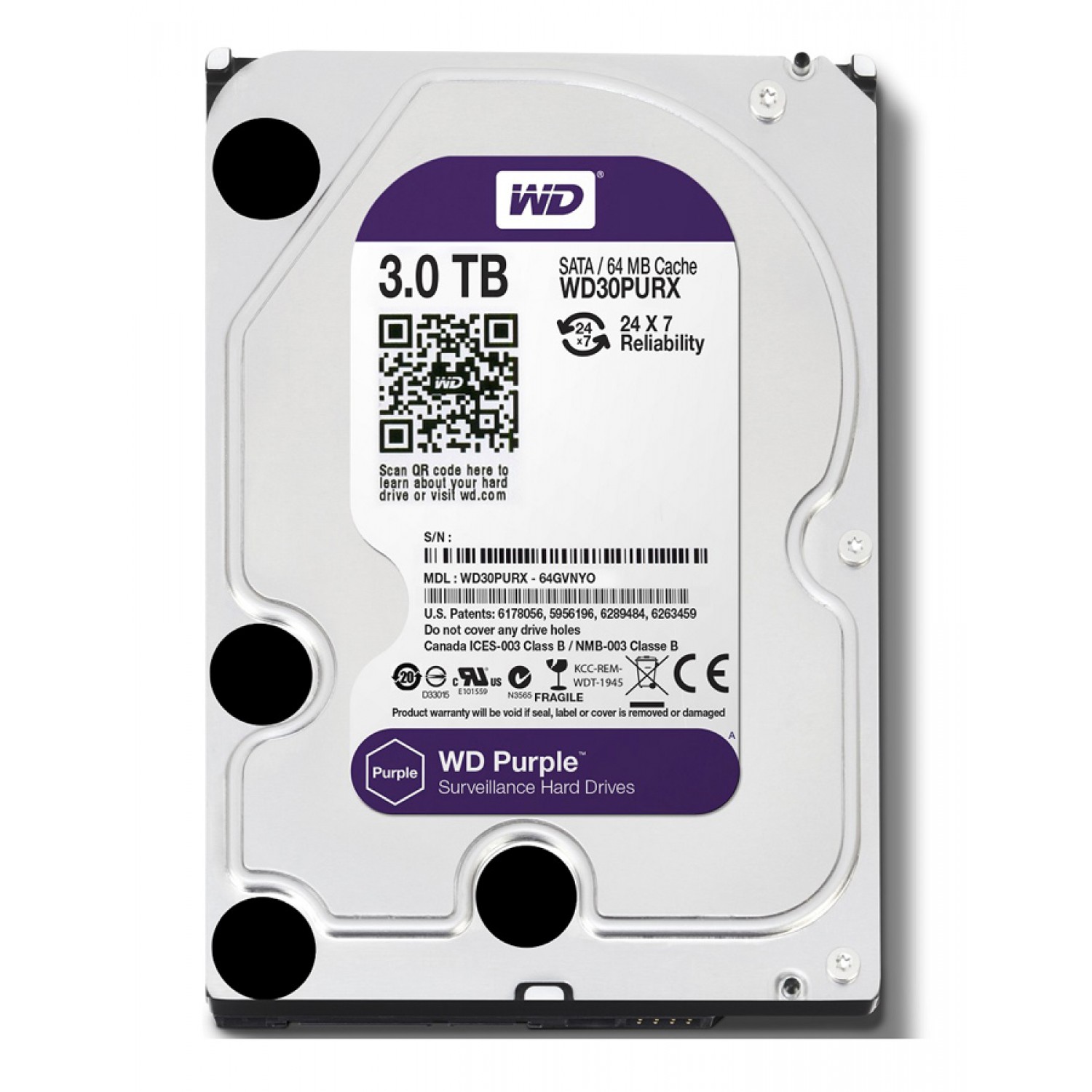 WD σκληρός δίσκος 3.5" Purple Surveillance 3TB, 64MB, 5400RPM, SATA III WD σκληρός δίσκος 3.5" Purple Surveillance 3TB, 64MB, 5400RPM, SATA III