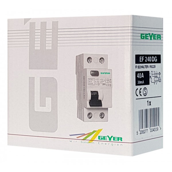 GEYER ρελέ διαφυγής EF240DG, 2P, 40A, 30mA GEYER ρελέ διαφυγής EF240DG, 2P, 40A, 30mA