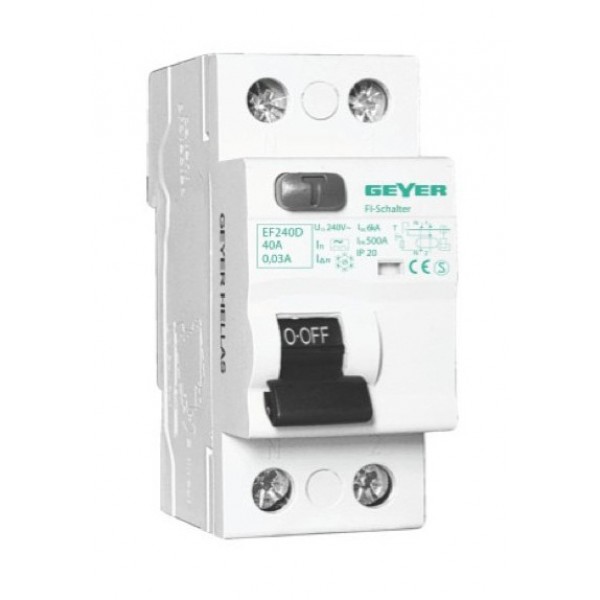 GEYER ρελέ διαφυγής EF240DG, 2P, 40A, 30mA GEYER ρελέ διαφυγής EF240DG, 2P, 40A, 30mA