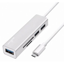 POWERTECH USB hub PT-926 με card reader, 5x θυρών, 5Gbps, USB-C, ασημί