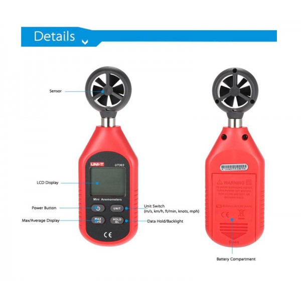 UNI-T mini ανεμόμετρο τσέπης UT363, με οθόνη