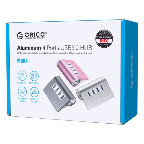 ORICO USB hub M3H4-V1, 4x θυρών, 5Gbps, USB σύνδεση, ασημί