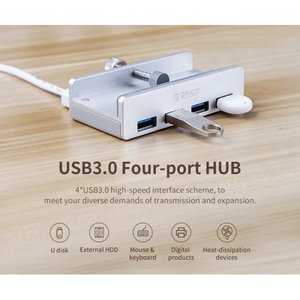 ORICO USB hub MH4PU-SV-BP με κλιπ, 4x θυρών, 5Gbps, USB σύνδεση, ασημί