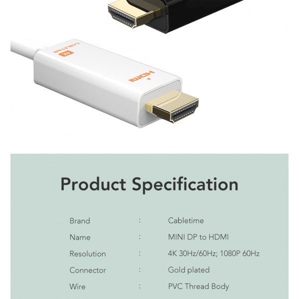 CABLETIME καλώδιο HDMI σε Mini DisplayPort CT-03G4K, 4K/30Hz 1.8m, λευκό