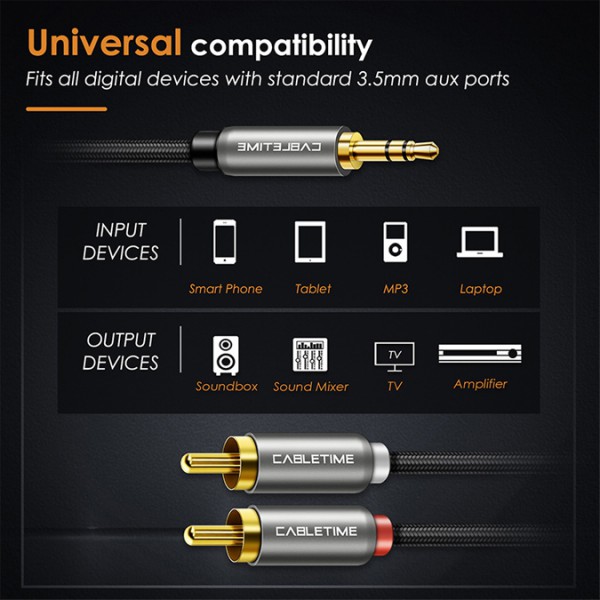 CABLETIME καλώδιο ήχου 3.5mm σε 2x RCA CT-P12G, 1.8m, μαύρο