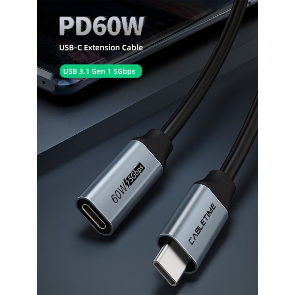 CABLETIME καλώδιο προέκτασης USB-C CMCF60, 60W, 5Gbps, 4K, 0.5m, μαύρο