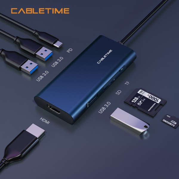 CABLETIME docking station CMHD71, 7 θυρών, USB-C, 100W, 4K, μπλε CABLETIME docking station CMHD71, 7 θυρών, USB-C, 100W, 4K, μπλε