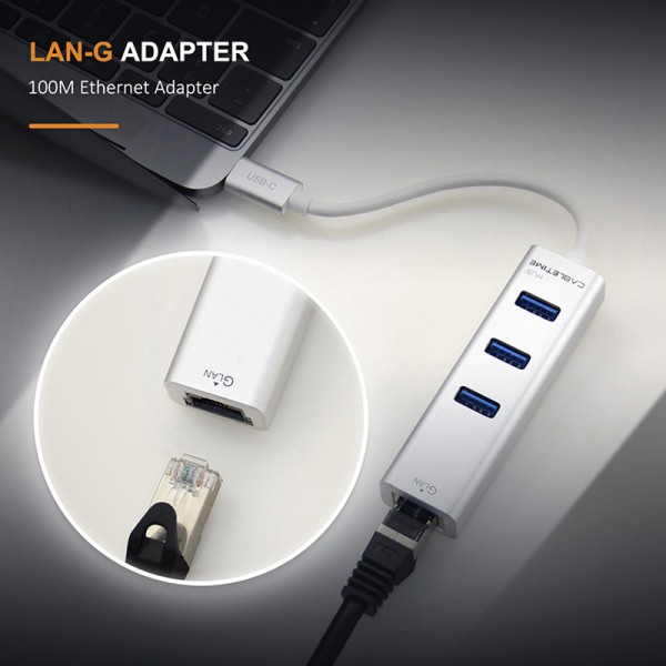 CABLETIME Hub Type-C σε 3x USB 3.0 & RJ45 C160, 5Gbps, 0.15m, ασημί CABLETIME Hub Type-C σε 3x USB 3.0 & RJ45 C160, 5Gbps, 0.15m, ασημί