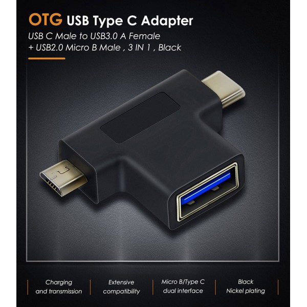 CABLETIME αντάπτορας USB σε USB-C & micro USB CT-3IN1-AB, 5Gbps, μαύρος CABLETIME αντάπτορας USB σε USB-C & micro USB CT-3IN1-AB, 5Gbps, μαύρος