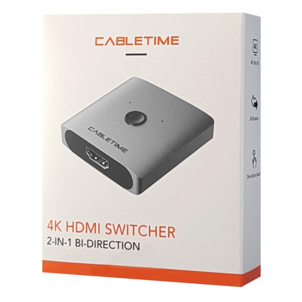 CABLETIME HDMI switch CT-HS4K με πλήκτρο, 2 in 1, 4K, γκρι