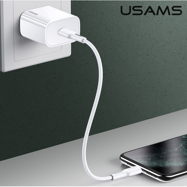 USAMS φορτιστής τοίχου US-CC118, 1x type-C, PD3.0 20W 3A, λευκός USAMS φορτιστής τοίχου US-CC118, 1x type-C, PD3.0 20W 3A, λευκός