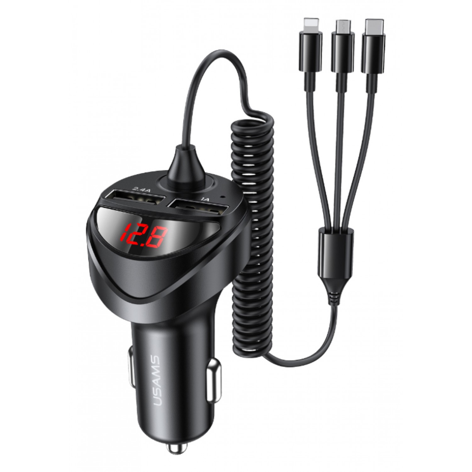 USAMS φορτιστής αυτοκινήτου C22 με καλώδιο 3 σε 1 & οθόνη, 3.4A, μαύρος USAMS φορτιστής αυτοκινήτου C22 με καλώδιο 3 σε 1 & οθόνη, 3.4A, μαύρος