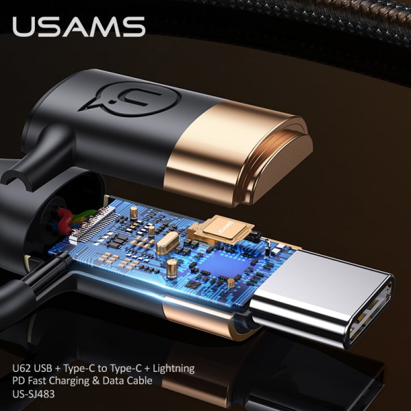USAMS καλώδιο USB Type-C + Lightning US-SJ483, PD 3A 60W, 1.2m, μαύρο USAMS καλώδιο USB Type-C + Lightning US-SJ483, PD 3A 60W, 1.2m, μαύρο