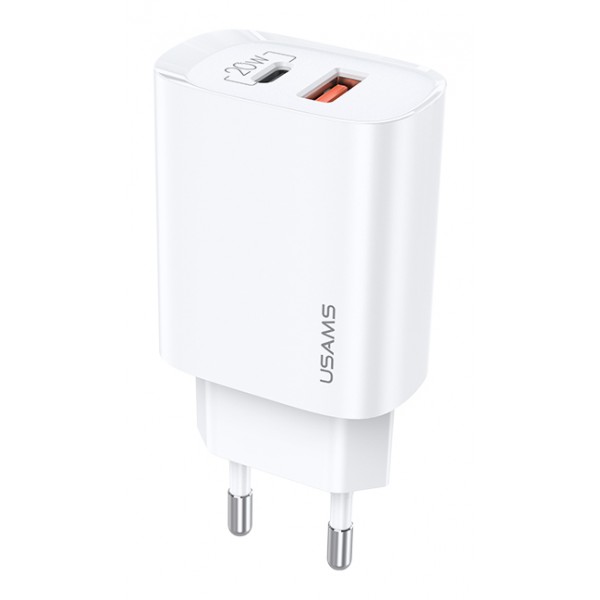 USAMS φορτιστής τοίχου US-CC121, 1x USB, 1x type-C, 20W 3A, λευκός USAMS φορτιστής τοίχου US-CC121, 1x USB, 1x type-C, 20W 3A, λευκός
