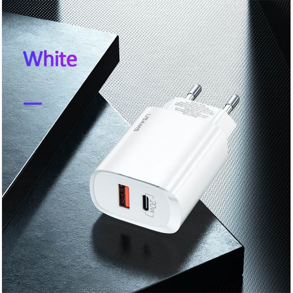 USAMS φορτιστής τοίχου US-CC121, 1x USB, 1x type-C, 20W 3A, λευκός USAMS φορτιστής τοίχου US-CC121, 1x USB, 1x type-C, 20W 3A, λευκός