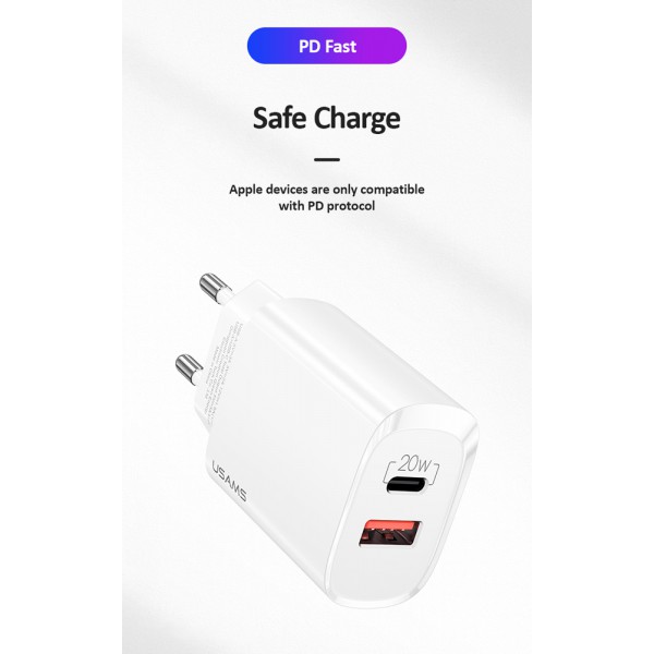 USAMS φορτιστής τοίχου US-CC121, 1x USB, 1x type-C, 20W 3A, λευκός USAMS φορτιστής τοίχου US-CC121, 1x USB, 1x type-C, 20W 3A, λευκός