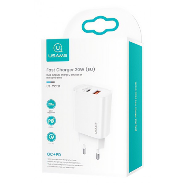 USAMS φορτιστής τοίχου US-CC121, 1x USB, 1x type-C, 20W 3A, λευκός USAMS φορτιστής τοίχου US-CC121, 1x USB, 1x type-C, 20W 3A, λευκός