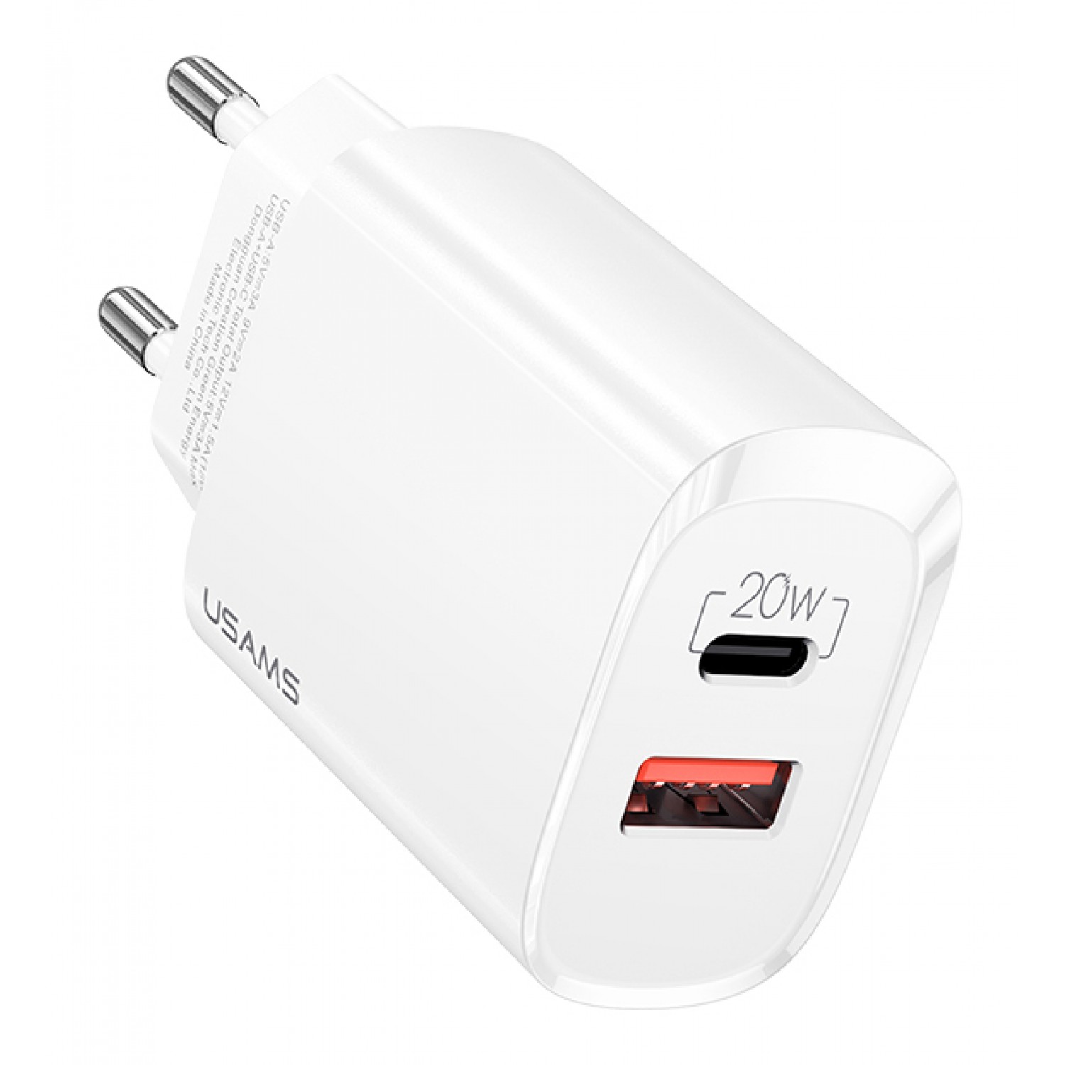 USAMS φορτιστής τοίχου US-CC121, 1x USB, 1x type-C, 20W 3A, λευκός USAMS φορτιστής τοίχου US-CC121, 1x USB, 1x type-C, 20W 3A, λευκός