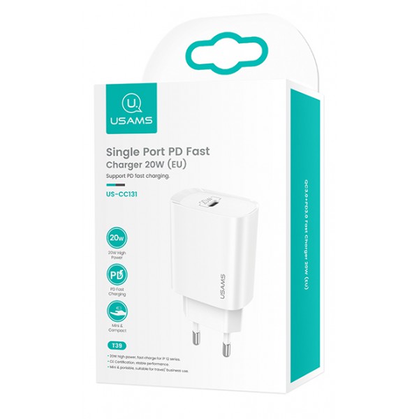USAMS φορτιστής τοίχου US-CC131, 1x type-C, PD3.0 20W 3A, λευκός USAMS φορτιστής τοίχου US-CC131, 1x type-C, PD3.0 20W 3A, λευκός