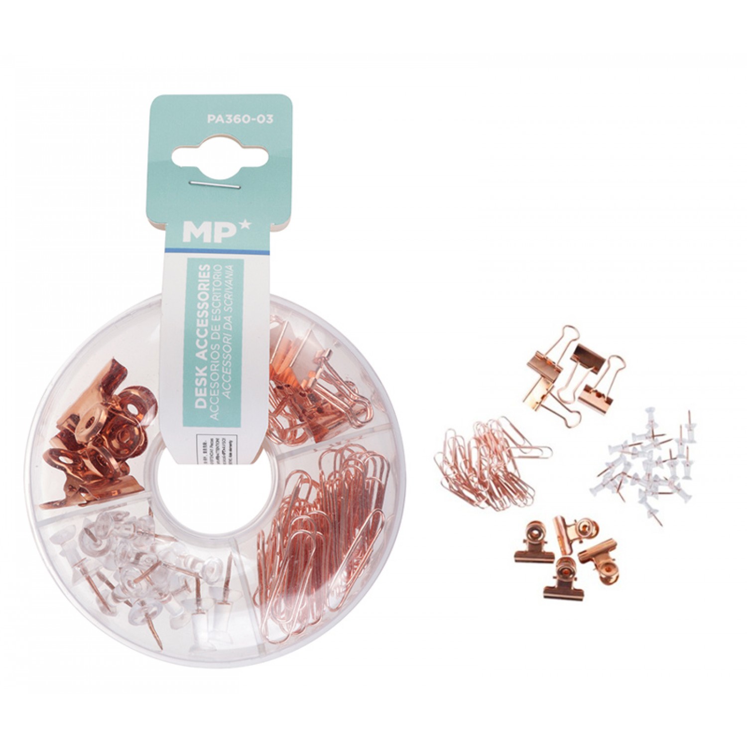 MP σετ γραφείου PA360-03 με συνδετήρες, κλιπ & πινέζες, ροζ χρυσό
