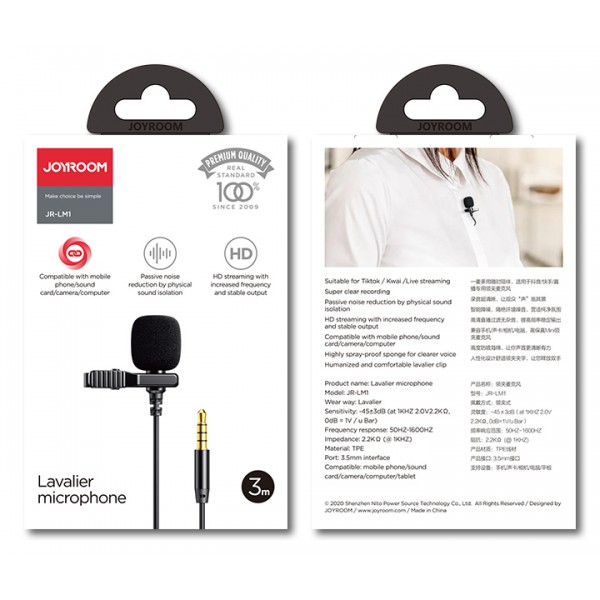 JOYROOM μικρόφωνο JR-LM1 με ενσωματωμένο clip-on, 3.5mm, 2m, μαύρο JOYROOM μικρόφωνο JR-LM1 με ενσωματωμένο clip-on, 3.5mm, 2m, μαύρο