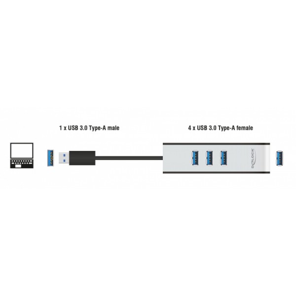 DELOCK USB hub 62534, 4x USB, 5Gbps, 30cm, μαύρο-γκρι