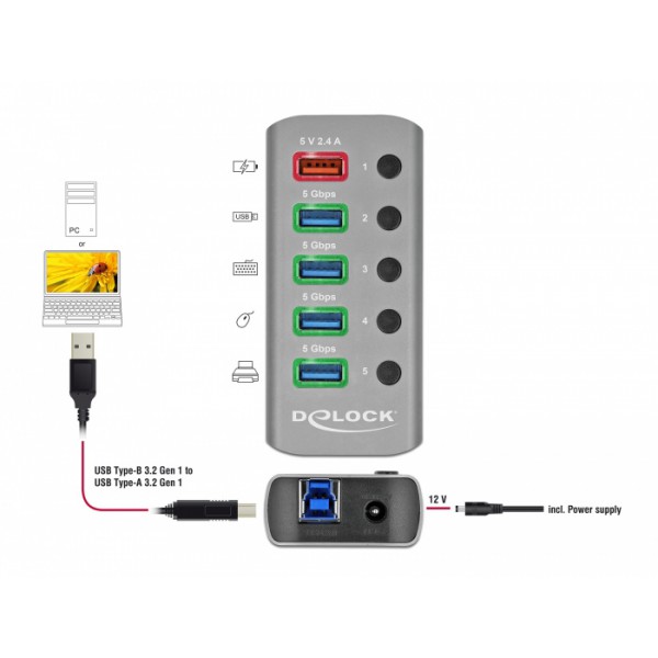 DELOCK USB hub 63262 με διακόπτες, 5x θυρών, 5Gbps, 2.4A, γκρι DELOCK USB hub 63262 με διακόπτες, 5x θυρών, 5Gbps, 2.4A, γκρι
