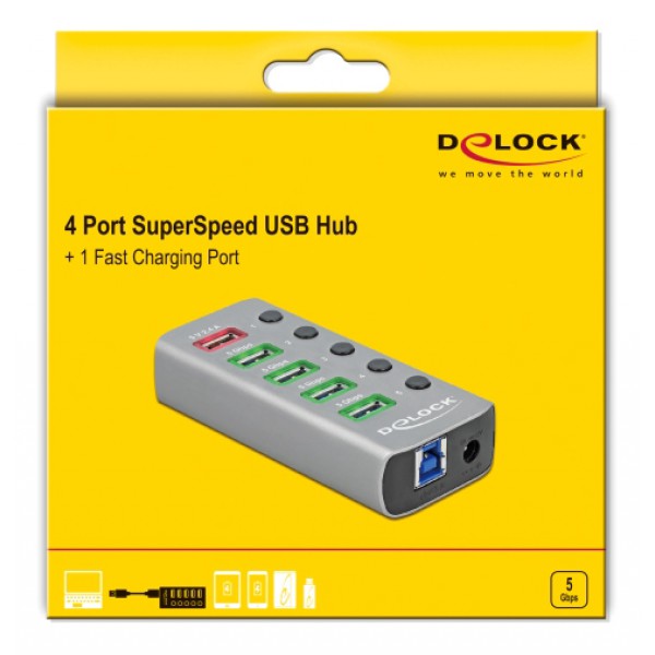 DELOCK USB hub 63262 με διακόπτες, 5x θυρών, 5Gbps, 2.4A, γκρι DELOCK USB hub 63262 με διακόπτες, 5x θυρών, 5Gbps, 2.4A, γκρι