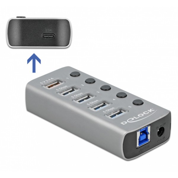 DELOCK USB hub 63263 με διακόπτες, 6x θυρών, 5Gbps, 12V/2.25A PD, γκρι DELOCK USB hub 63263 με διακόπτες, 6x θυρών, 5Gbps, 12V/2.25A PD, γκρι