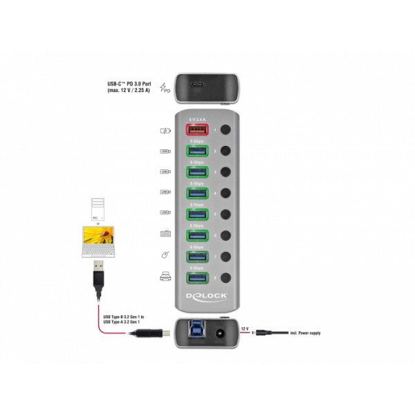 DELOCK USB hub 63264 με διακόπτες, 9x θυρών, 5Gbps, 12V/2.25A PD, γκρι DELOCK USB hub 63264 με διακόπτες, 9x θυρών, 5Gbps, 12V/2.25A PD, γκρι