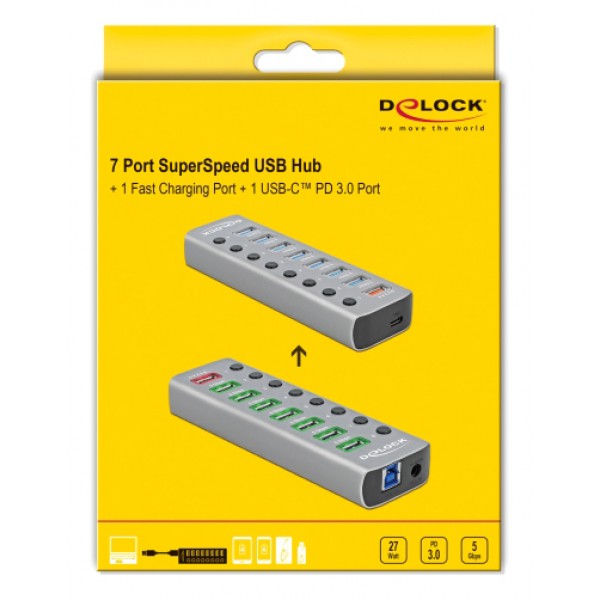DELOCK USB hub 63264 με διακόπτες, 9x θυρών, 5Gbps, 12V/2.25A PD, γκρι DELOCK USB hub 63264 με διακόπτες, 9x θυρών, 5Gbps, 12V/2.25A PD, γκρι