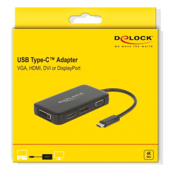 DELOCK αντάπτορας USB-C σε VGA+HDMI+DVI+DisplayPort 63929, 4K, μαύρος