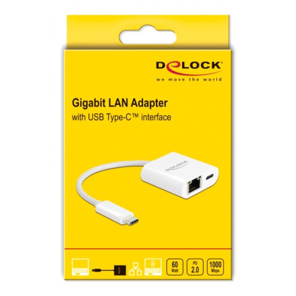 DELOCK αντάπτορας USB-C σε RJ45 + USB-C 65402, 1000Mbps, 12cm, λευκός