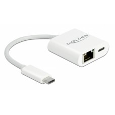DELOCK αντάπτορας USB-C σε RJ45 + USB-C 65402, 1000Mbps, 12cm, λευκός