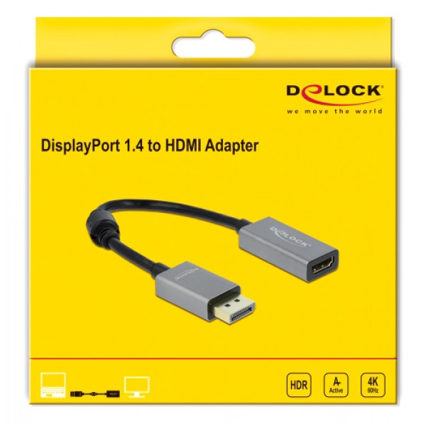 DELOCK αντάπτορας DisplayPort 1.4 σε HDMI 66436, 4K HDR, active, γκρι DELOCK αντάπτορας DisplayPort 1.4 σε HDMI 66436, 4K HDR, active, γκρι