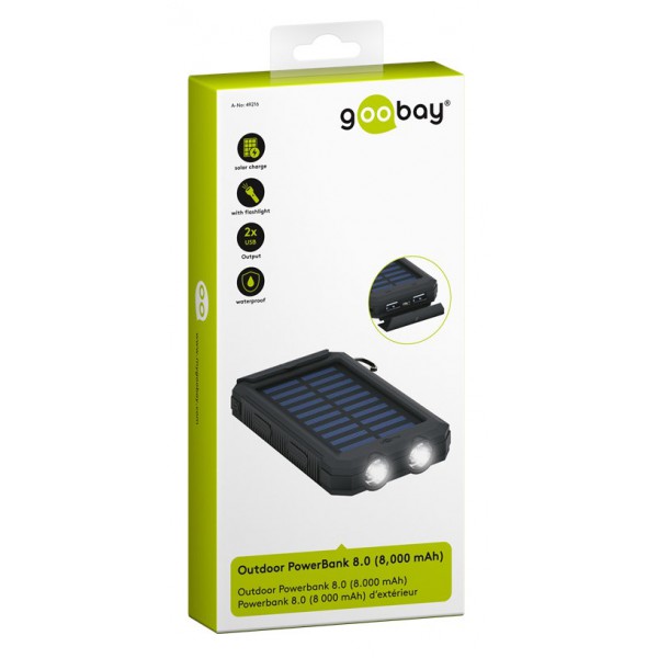 GOOBAY ηλιακό power bank 49216 με φακό, 8000mAh, 2x output, 2A, μαύρο