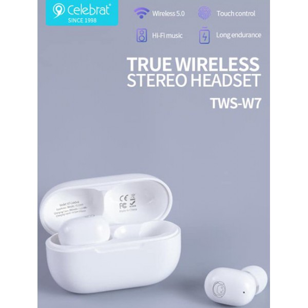 CELEBRAT earphones με θήκη φόρτισης W7, True Wireless, λευκά