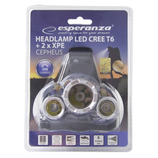 ESPERANZA φακός κεφαλής Cree T6 + 2x XPE Cepheus EOT026, 200LM, μαύρος ESPERANZA φακός κεφαλής Cree T6 + 2x XPE Cepheus EOT026, 200LM, μαύρος