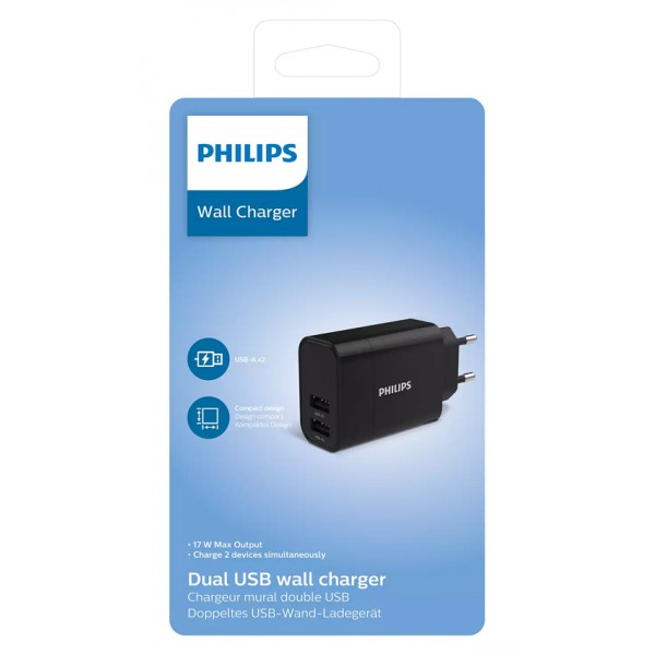 PHILIPS φορτιστής τοίχου DLP2620-12, 2x USB, 17W, μαύρος PHILIPS φορτιστής τοίχου DLP2620-12, 2x USB, 17W, μαύρος