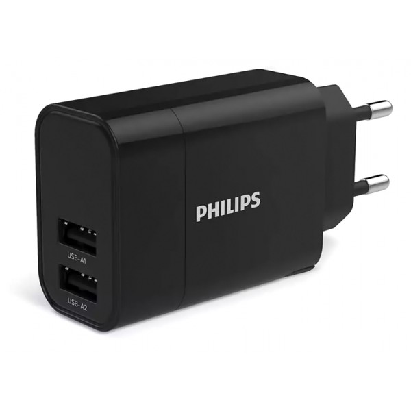 PHILIPS φορτιστής τοίχου DLP2620-12, 2x USB, 17W, μαύρος PHILIPS φορτιστής τοίχου DLP2620-12, 2x USB, 17W, μαύρος