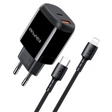 AWEI φορτιστής τοίχου με καλώδιο PD2, USB + Type-C, 20W, μαύρος