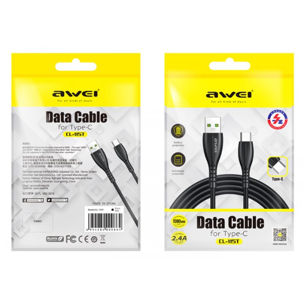 AWEI καλώδιο USB σε Type-C CL-115T, 2.4A, 1m, μαύρο