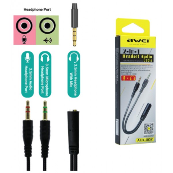 AWEI καλώδιο 3.5mm θηλυκό σε 2x 3.5mm αρσενικό AUX-002, 0.20m, μαύρο AWEI καλώδιο 3.5mm θηλυκό σε 2x 3.5mm αρσενικό AUX-002, 0.20m, μαύρο