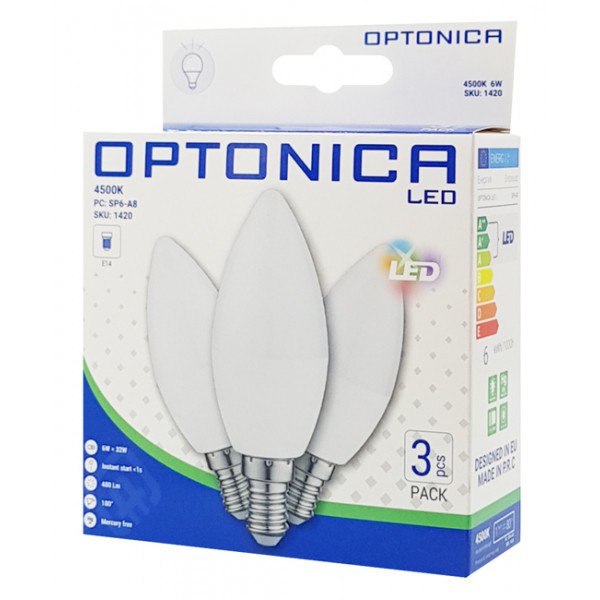 OPTONICA LED λάμπα Candle C37 1419, 6W, 6000K, E14, 480lm, 3τμχ OPTONICA LED λάμπα Candle C37 1419, 6W, 6000K, E14, 480lm, 3τμχ