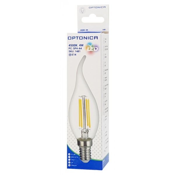 OPTONICA LED λάμπα Candle C35T Filament 1481, 4W, 4500K, E14, 400lm OPTONICA LED λάμπα Candle C35T Filament 1481, 4W, 4500K, E14, 400lm