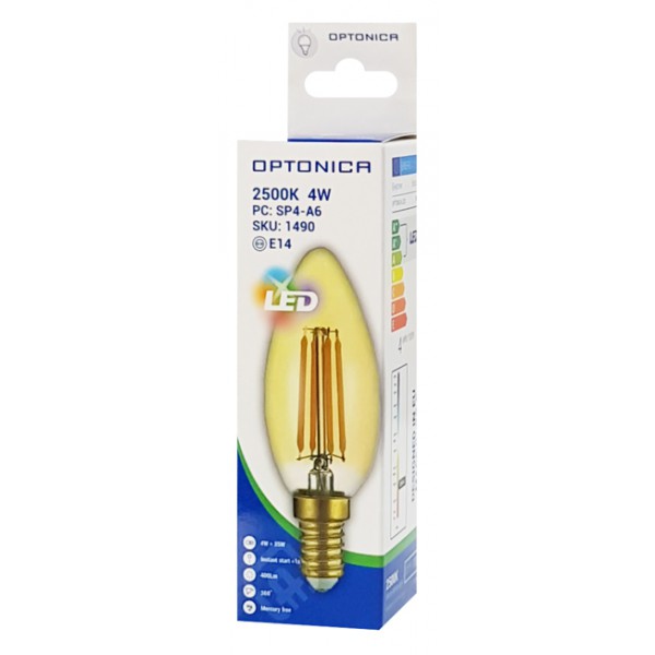 OPTONICA LED λάμπα Candle C35 Filament 1490, 4W, 2500K, E14, 400lm OPTONICA LED λάμπα Candle C35 Filament 1490, 4W, 2500K, E14, 400lm