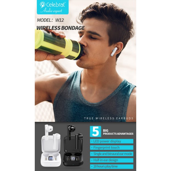CELEBRAT earphones με θήκη φόρτισης W12, True Wireless, μαύρα CELEBRAT earphones με θήκη φόρτισης W12, True Wireless, μαύρα