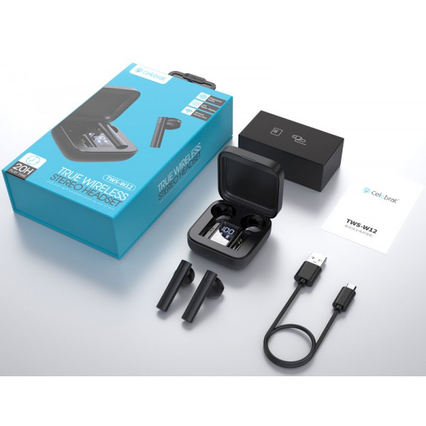 CELEBRAT earphones με θήκη φόρτισης W12, True Wireless, μαύρα CELEBRAT earphones με θήκη φόρτισης W12, True Wireless, μαύρα
